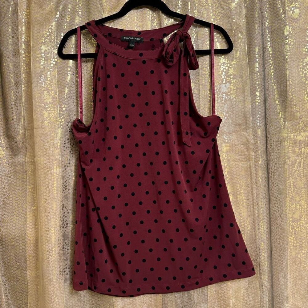 Banana Republic Burgundy Black Polka Dot Jersey High Tie Neck Top Large